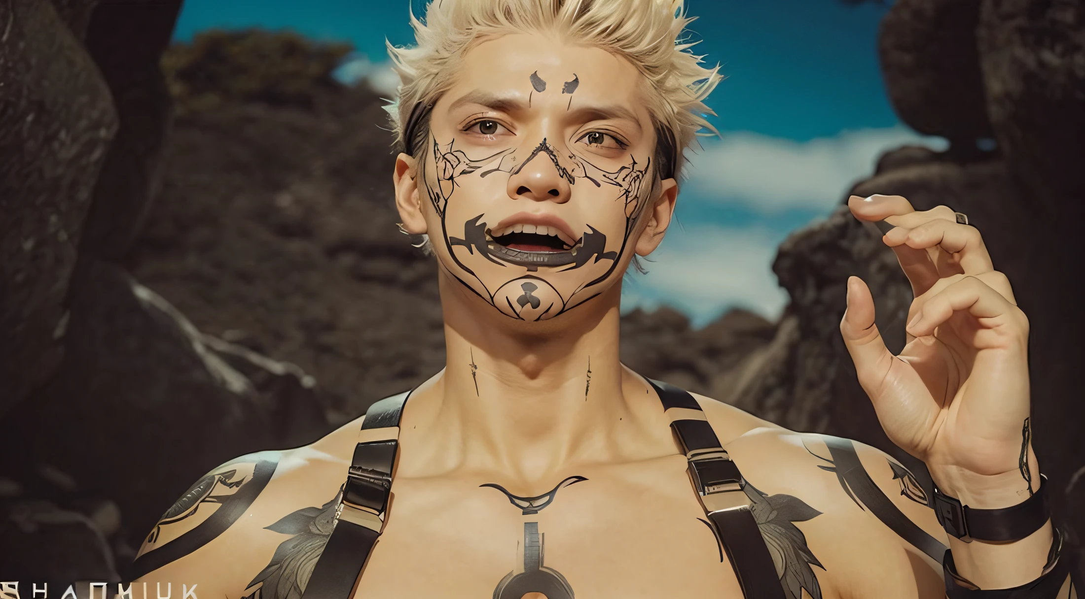 um homem com cabelo rosa sukuna de Jujutsu Kaisen, corpo etletico com tatuagens.