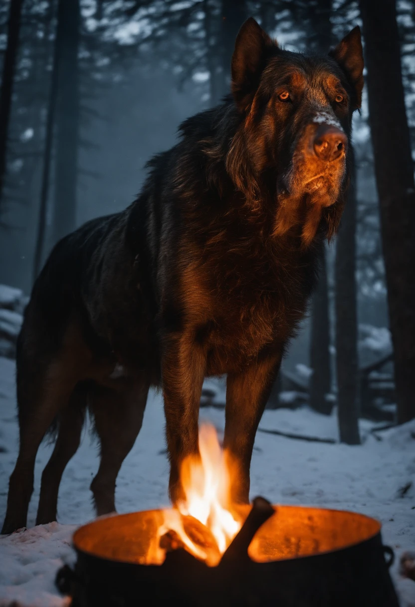 A photo of The Hound intimidatingly staring down at a freshly cooked wild boar on a spit over a crackling campfire,Game of Thrones,The Hound from Game of Thrones, male