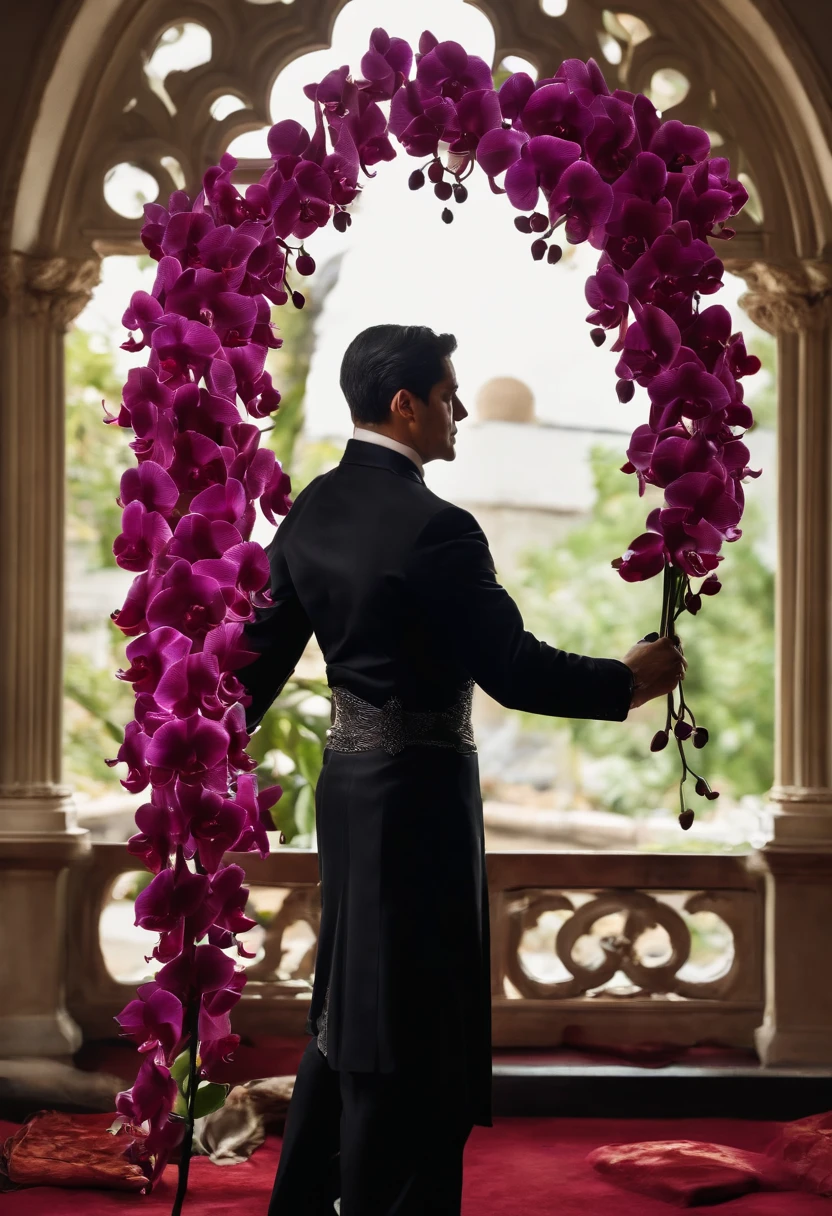 The King of Hell meticulously arranging a bouquet of deep purple and blood red orchids in an ebony vase.,original,the devil, male