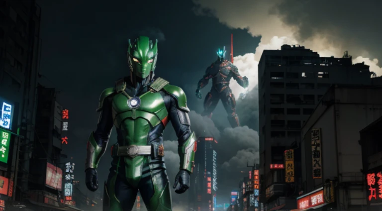 Green GIANT ULTRAMAN of 70's era with leather suit costume. With background of ruined Japanese building and cyberpunk city above the sky. Full of cloud. A dark night full of light. With RED GODZILA at background