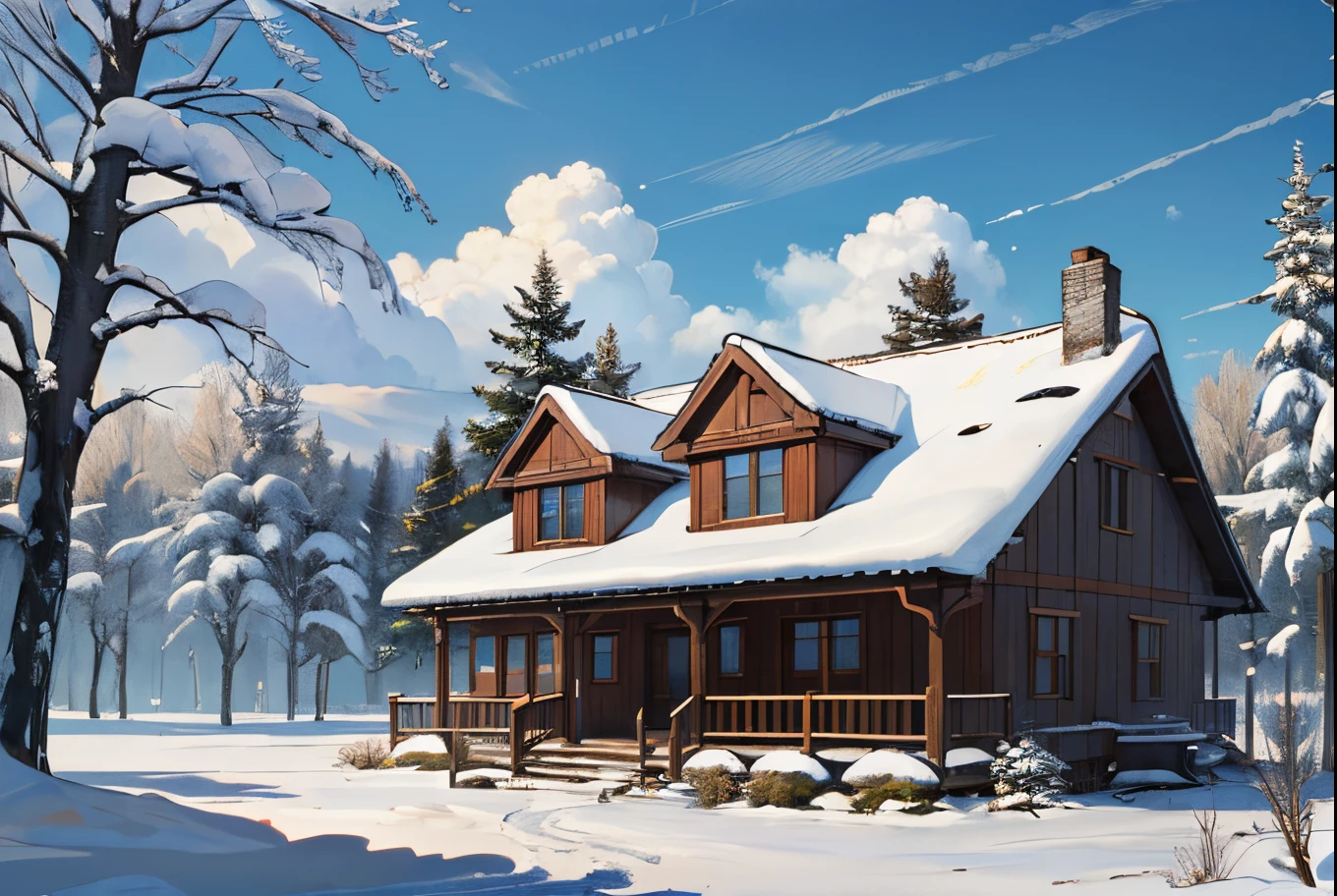 ((Masterpiece:1.4,Best Quality)),  Cloud,   exteriors,  forest winter house, trees near the house, Trees in the snow,