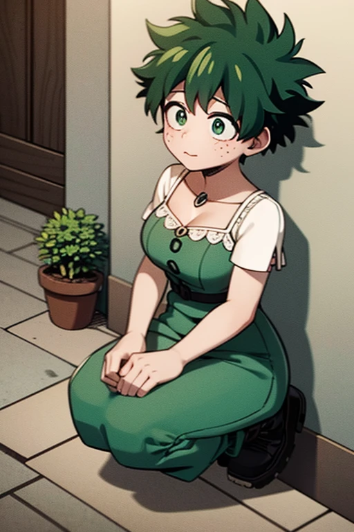 A feminine Izuku midoriya with green hair and green eyes dressed in a cute feminine outfit crouched feeding a stray cat in an ally