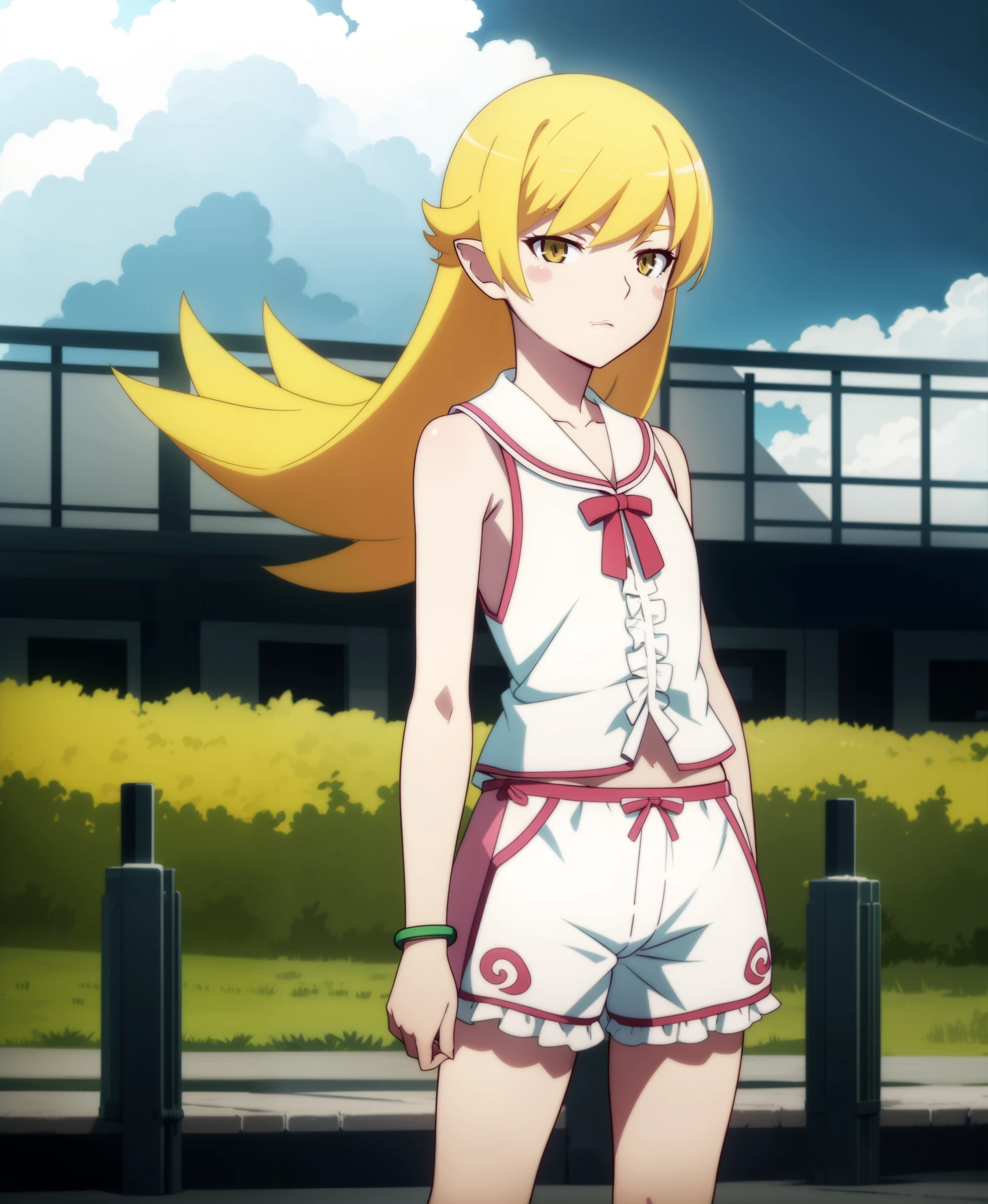 masterpiece, best quality, highres, bbshinobu, aged down, pointy ears, sleeveless shirt, bloomers, factory, outdoors, cowboy shot, standing, cloudy sky,