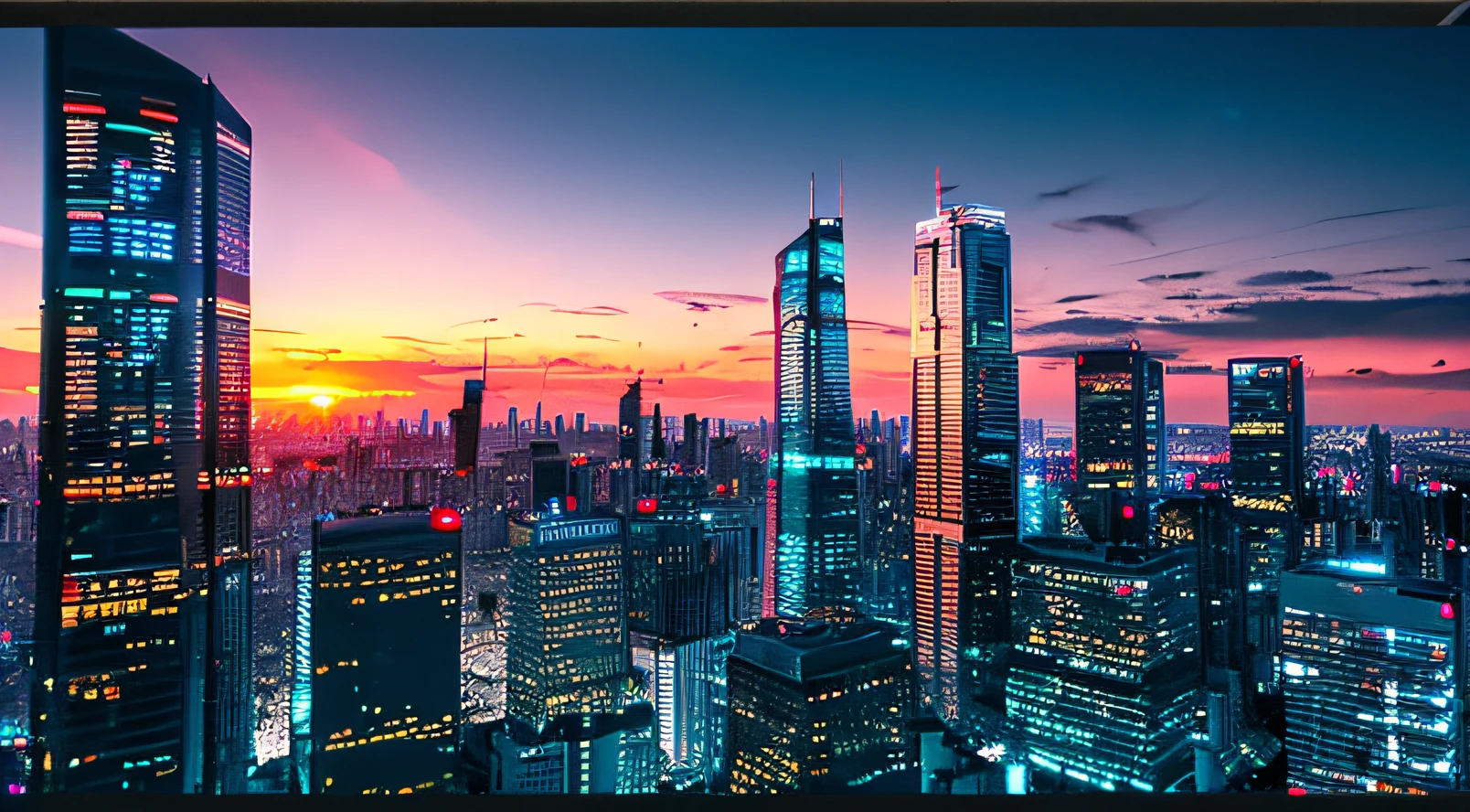 Crowded Futuristic Cyberpunk Cityscape, Beautiful Sunset Sky, 4K, Highly Detailed