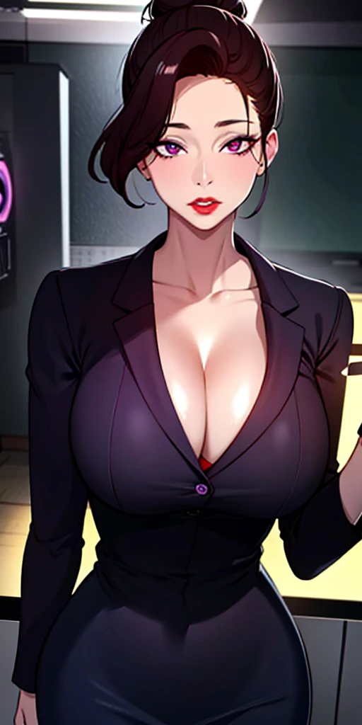 masterpiece:1.5, best quality:1.5, aesthetic, 1girl, sidelocks, cinematic lighting, sharp focus,large breasts , mature female,  ,16k, glowing eyes, detailed 4k eyes,
playground,seduction,sexy lips, parted lips,detailed lips,
red lips, high detailed background,((big purple eyes)), detailed face,shiny skin,
auntjunev3,auntjune,hair bun, bangs, messy hair, professional outfit,collarbone,