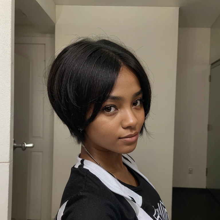 Garota adolescente negra com cabelos curtos e cacheado