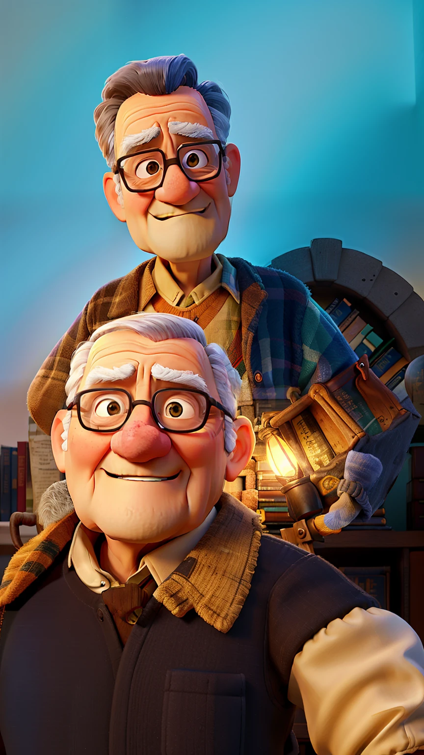 A wise old man standing in front, illuminated by the light of a lamp, against the backdrop of a library