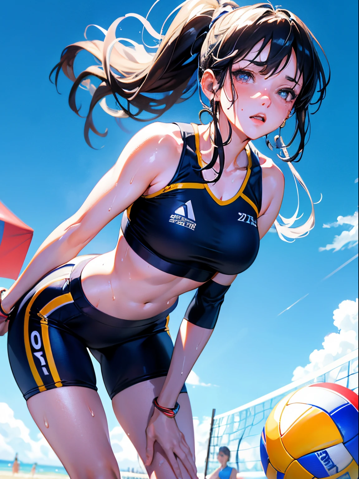 Best Quality, masutepiece,  High resolution, (Anime Heroine Illustration), Anime Paint, 1beautiful girl ,Dynamic Angle,Female beach volleyball Athletes,small head,Large breasts,nice legs, Glowing skin, Sweat,At the beach volleyball venue ,,Detailed beautiful face,Detailed beautiful eyes,detailed hairs,detailed skins,Realistic Skins,Sweat,detailed  clothes,cool,