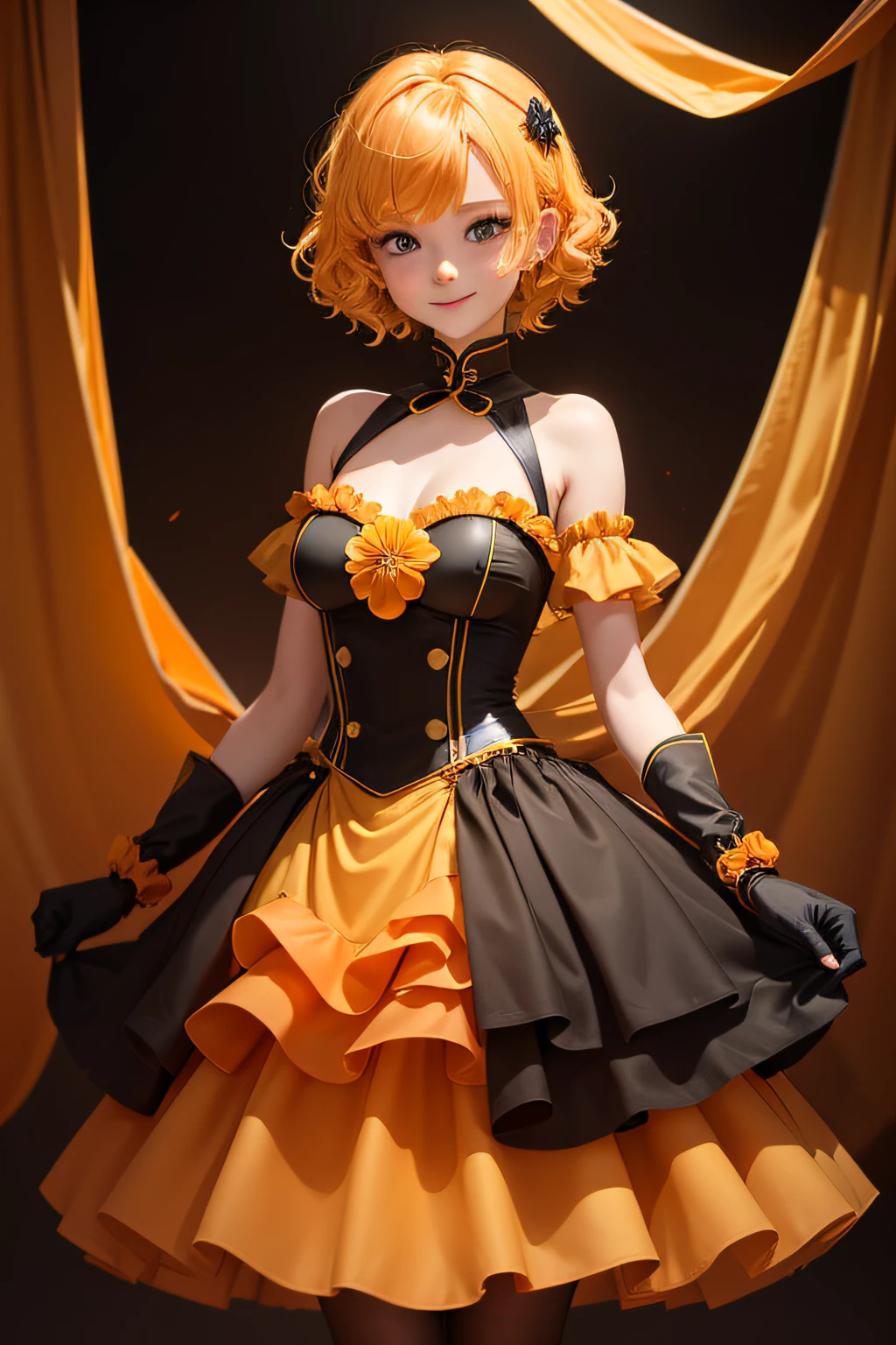Girl1, solid yellow hair, wavy hair, orange highlights, orange clover around waist, short hair, yellow ball gown, black gold coreset, black pantyhose underneath, yellow chest piece, gloves, orange bracelet, black leotard, orange vertical tights, poofy gown, orange chocker, orange ball gown, short gloves, smile