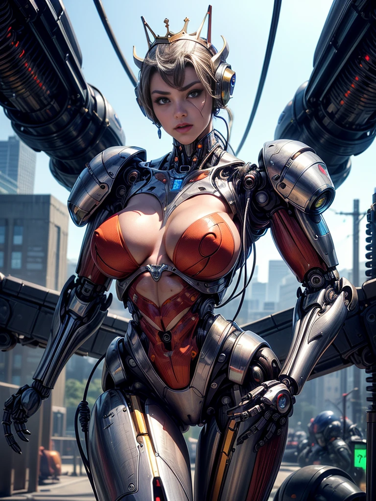 (beautiful cyborg queen:1.5), (robotic mechanical physique:1.5), (1 super muscular cyborg demoness:1.5), (covered in cables and mechanical muscles:1.5), (android muscular anatomy:1.5), (perfect fingers:1.25),(8k, RAW photo, photorealistic:1.25), sci fi atmosphere, futuristic technopia, alien landscape,