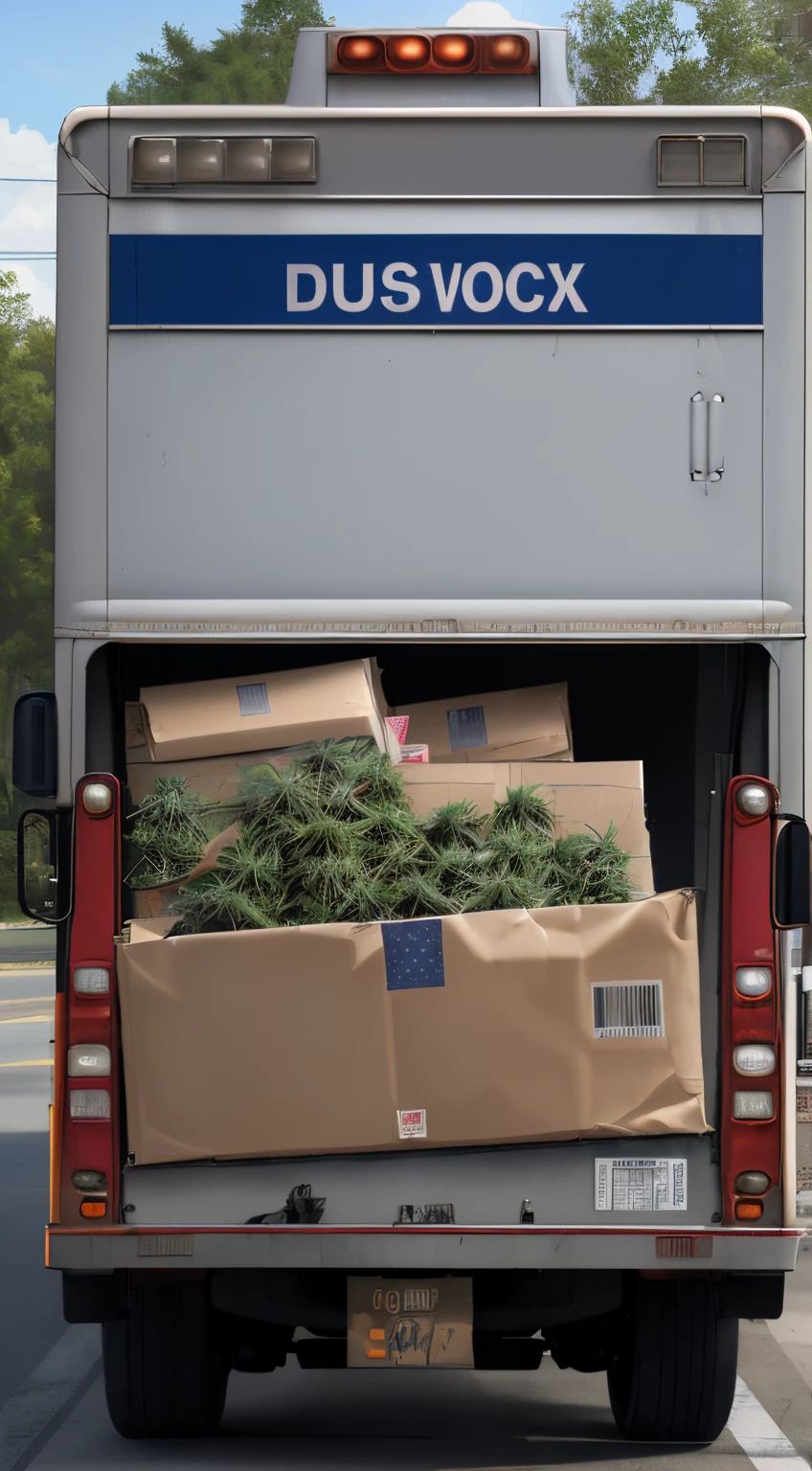 a United States Postal Office truck labeled packbusters with weed and usps boxes falling out the back of the truck and the driver of the bus smoking a backwood