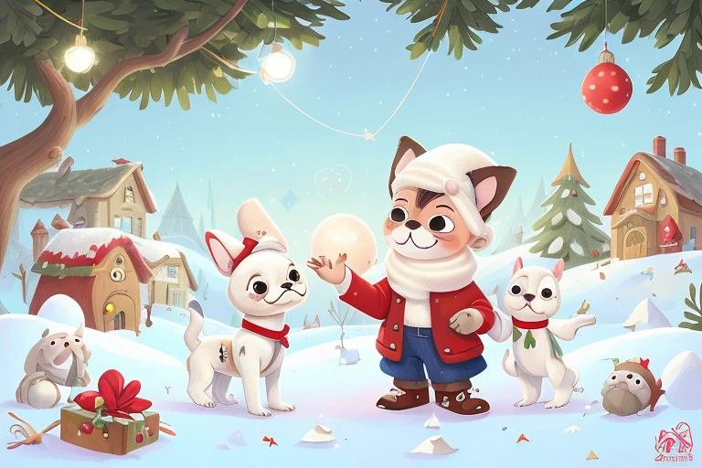 Boston Terrier em uma fantasia de Papai Noel, neve, oficina de Papai Noel de flocos de neve, outside in the snow, Cartoon, tee shirt graphic,robot cat, 4k