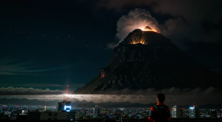a japanese tokusatsu ULTRAMAN fighting Godzila. With ruined japanese building. Full of cloud and dark night