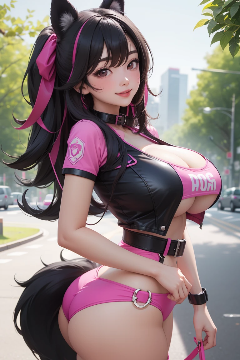 Sexy and beautiful korean girl with gigantic boobs, gigantic ass and gigantic hips with beautiful long black hair with hot pink highlights. She wears very slutty and sexy hot pink or black clothes. Also she wears dog collar, dog ears, belt on boobs and she's walking on dog leash in public park with a smile