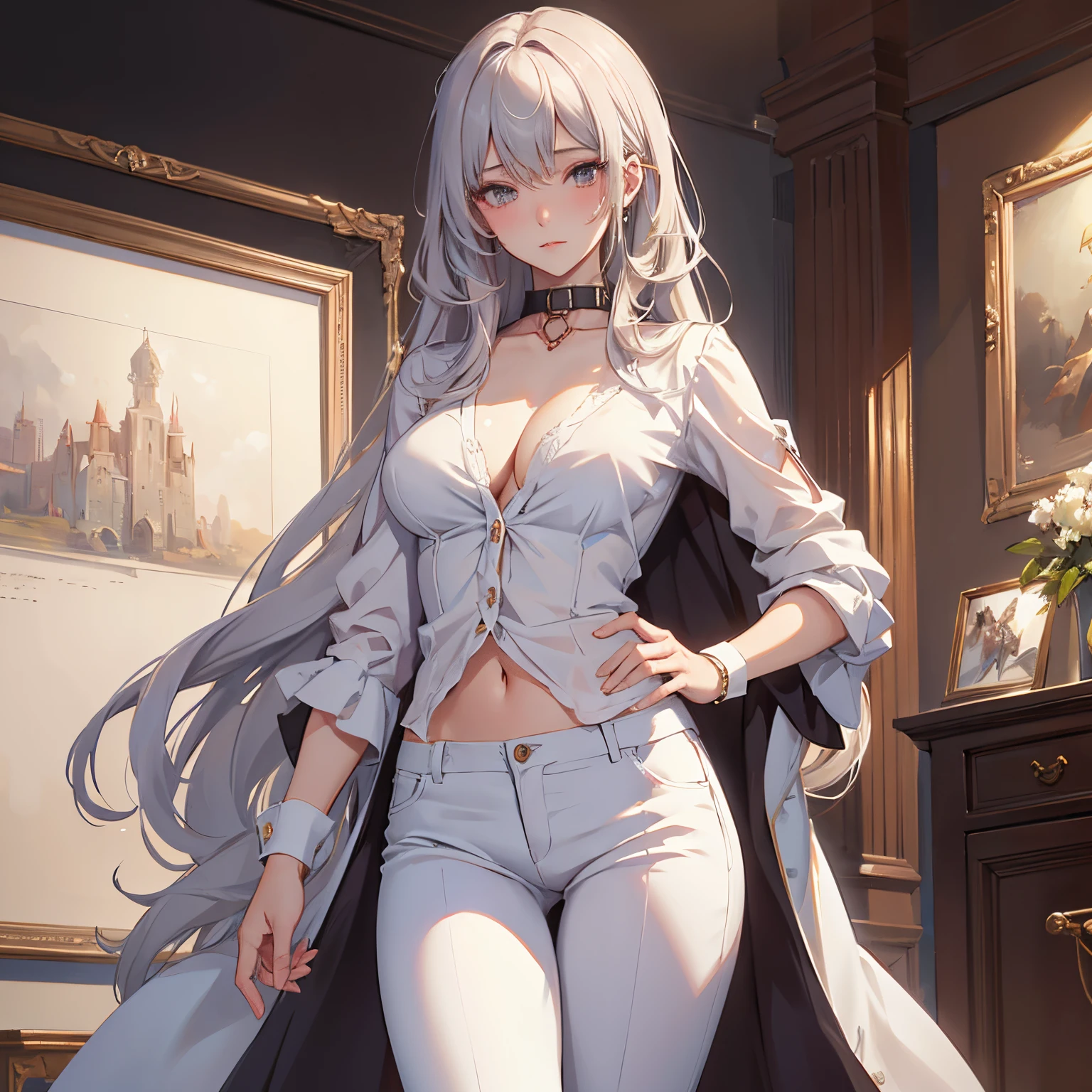NSFW, tmasterpiece, a handsome female, stands, collar, blouse, white pants, blushful, perineum