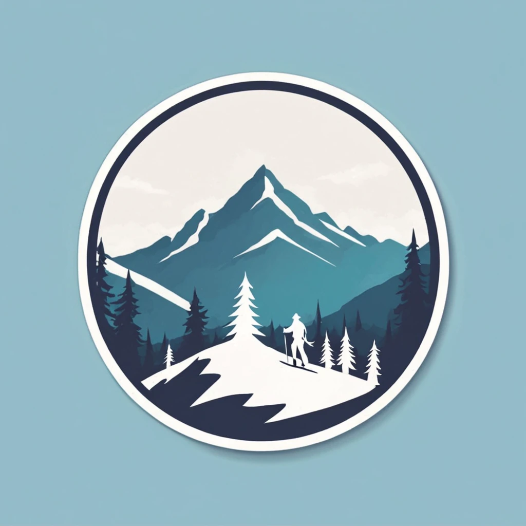(Sticker),White background,(in circle), winter mountain with pine tree, ski fun, ,Simple, Ultra detailed, Detailed drawing, vectorised, Silhouette, 8K, professional sticker design, Flat design, Vector lines, Sticker, Full-HD