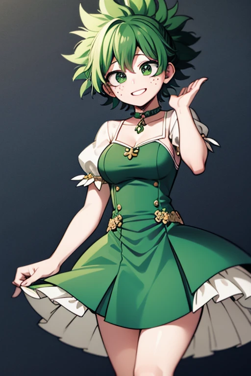 (Best quality), A feminine Izuku midoriya with green hair and green eyes dressed in a cute feminine outfit smiling