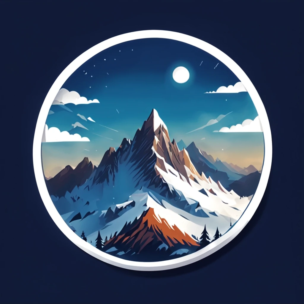 (Sticker),White background,(in circle), winter mountain with sport, ,Simple, Ultra detailed, Detailed drawing, vectorised, Silhouette, 8K, professional sticker design, Flat design, Vector lines, Sticker, Full-HD