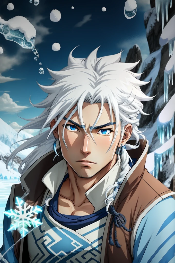 Water tribe, male water bender, long hair, white hair, ice blue eyes, tan skin, old winter clothes