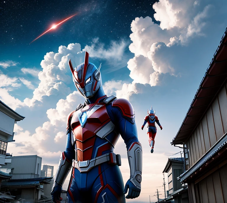 a japanese giant ULTRAMAN flying. With ruined japanese building. Full of cloud and dark night and light