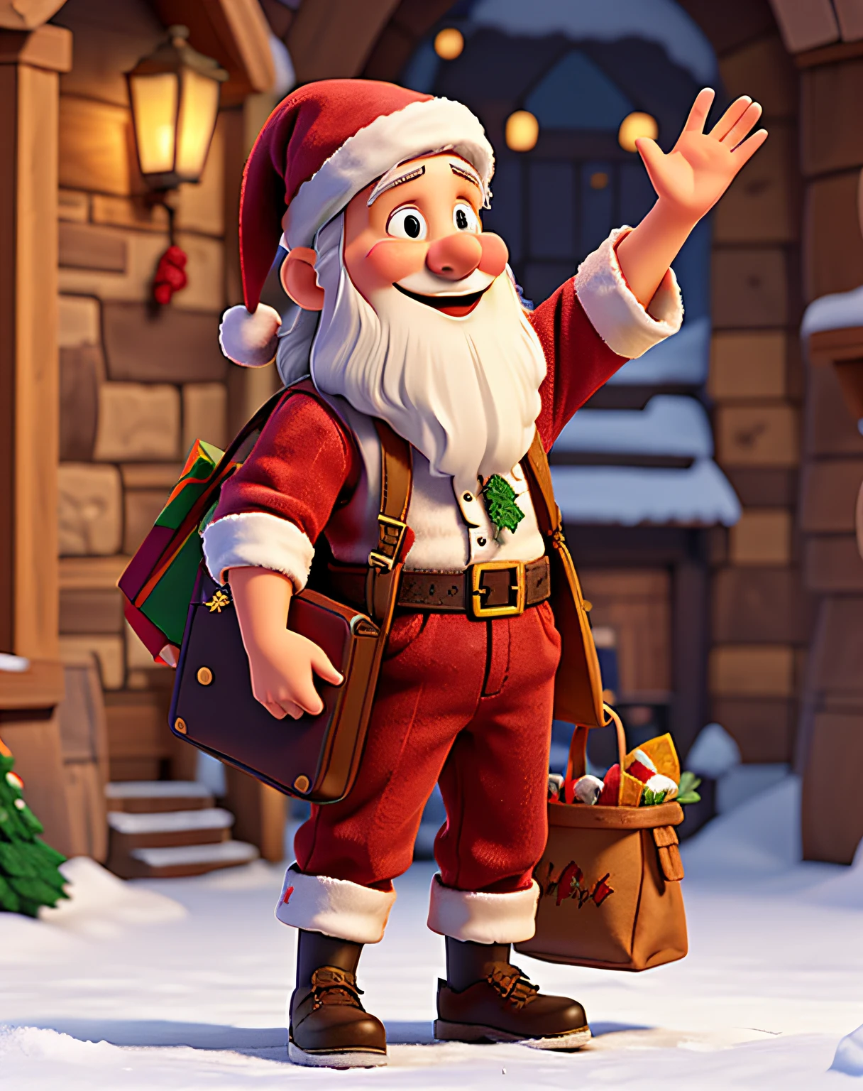 mago do Papai Noel, com um saco de presentes nas costas, with a happy expression, acenando para as pessoas.