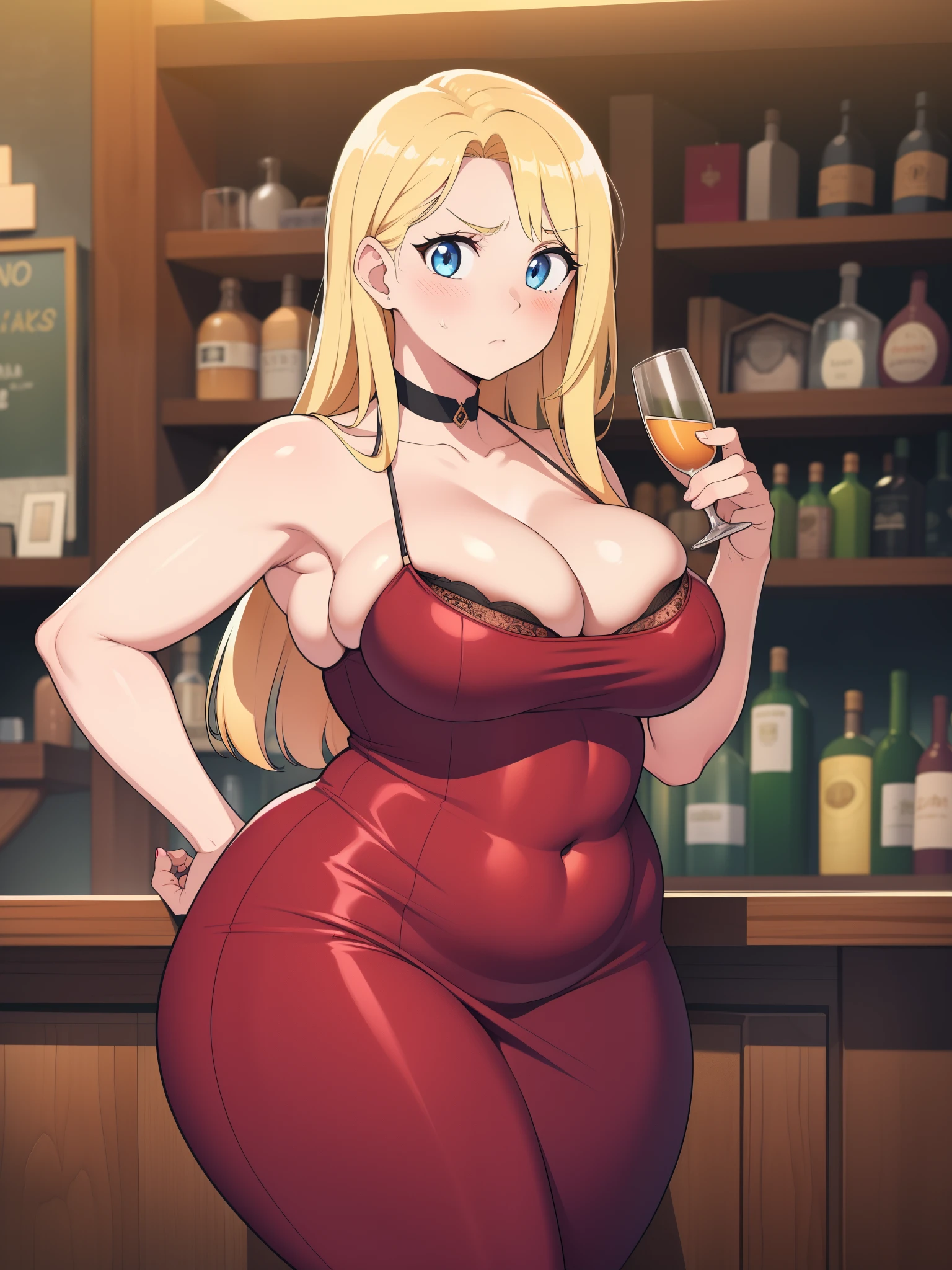 ((highres)), Masterpiece, high quality, best quality, beautiful, perfect lighting, detailed face, ultra cute face, cowboy shot, ((1girl)), ((solo)), ((blush)), worried, long blonde hair, blue eyes, fancy bar, party, detailed background, medium breasts, perky breasts, cleavage, ((wide hips)), (((thick thighs))), ((plump)), fat folds, belly bulge, low cut dress, short red dress, ((tight dress)), holding a small glass, hand on hip,