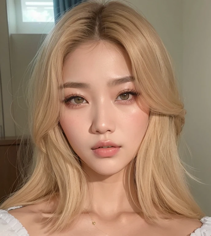 Mulher loira com olhos azuis e um vestido branco posando para uma foto, maquiagem sul-coreana popular, maquiagem coreana popular, uma menina com cabelo loiro, linda mulher coreana jovem, Parque Roseanne do Blackpink, Mulher sul-coreana bonita, korean face features, mulher coreana jovem bonita, Retrato de Jossi de Blackpink, cabelos loiros e olhos grandes, Heonhwa Choe