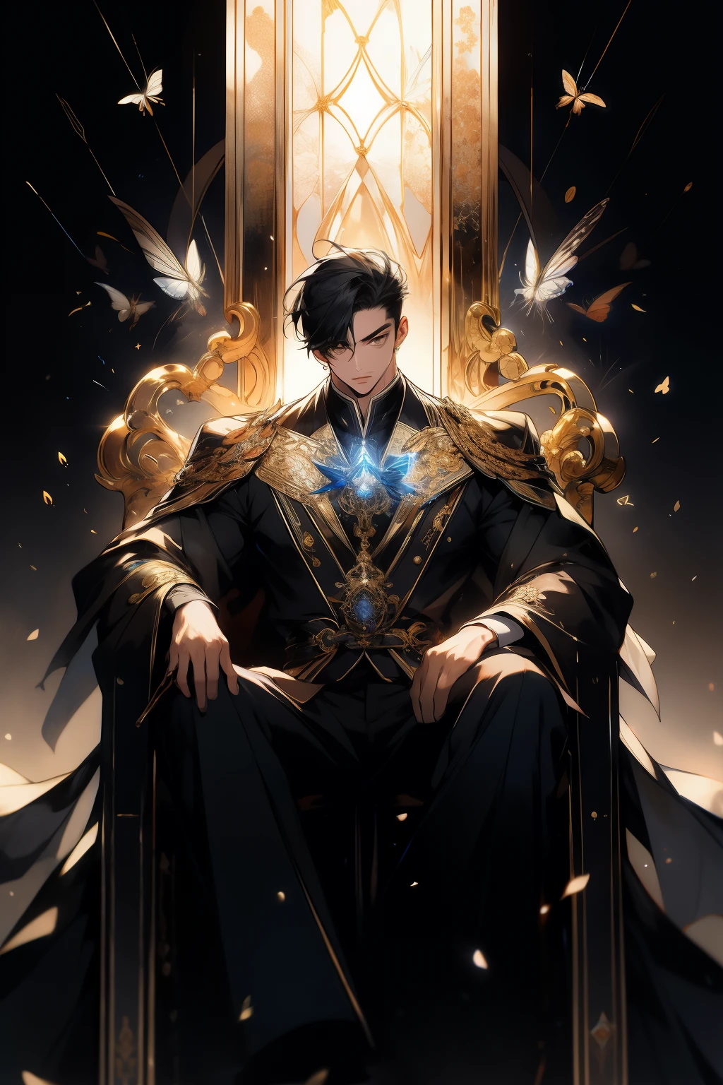 (hoang lap,A high resolution,ultra - detailed),1人,AS-Adult,Handsome,tall muscular boy,broad shoulder,detailed eyes and detailed face,with short black hair,Onyx-colored eyes,Fantastical,Magnificent background,shadow effect,a throne,Magic effects,butterflys,Floating crystals,Divine brilliance,Big background,magia
