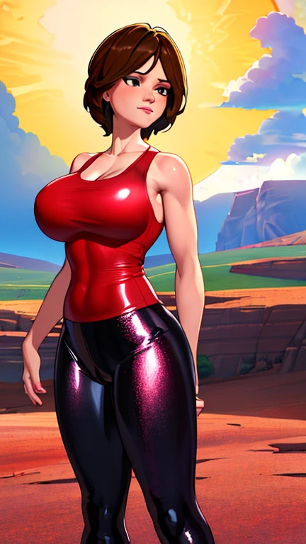(realistic:1.2), (realism), (masterpiece:1.2), (best quality), (ultra detailed), (8k, 4k, intricate),(full-body-shot:1),(Cowboy-shot:1.2), (85mm),light particles, lighting, (highly detailed:1.2),(detailed face:1.2), (gradients), (detailed background),detailed landscape, (full body portrait:1.2), (dynamic pose:1.2), (rule of third_composition:1.3), (Line of action:1.2), wide shot, solo, daylight, Aunt Cass,1girl, alone, evil smirk, big breasts, sexy pose, looking at viewer, (jacket, red tank-top, tight shiny leggings:1.2),