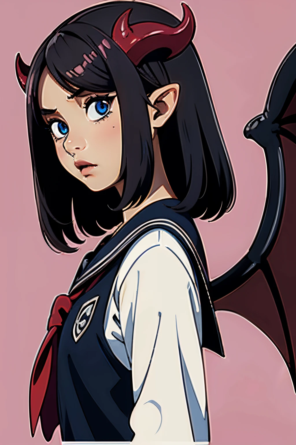 1girl, , Chifres, Uniforme escolar, orelhas pontudas, Asas, Brincos, Serafuku, jewelries, fundo branco, parte superior do corpo, olhos vermelhos, demon wings, demon horns, Demon Boy, fundo simples, Back-to-back, olhos cor-de-rosa, separated-lips, Serafuku Preto, brown hair, Demon girl, cabelos pretos, Olhando para o Viewer, cabelos longos, Gakuran