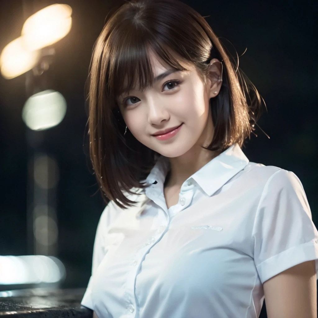 (8k, best quality, masterpiece:1.2), (realistic, photo-realistic:1.37), ultra-detailed, 1 girl, cute, solo, beautiful detailed sky, detailed cafe, night, sitting, dating, (nose blush), (smile:1.15), (closed mouth) small breasts, beautiful detailed eyes, (collared shirt:1.1), night, wet, business attire, rain, white lace, (short hair:1.2), floating hair NovaFrogStyle, topless,