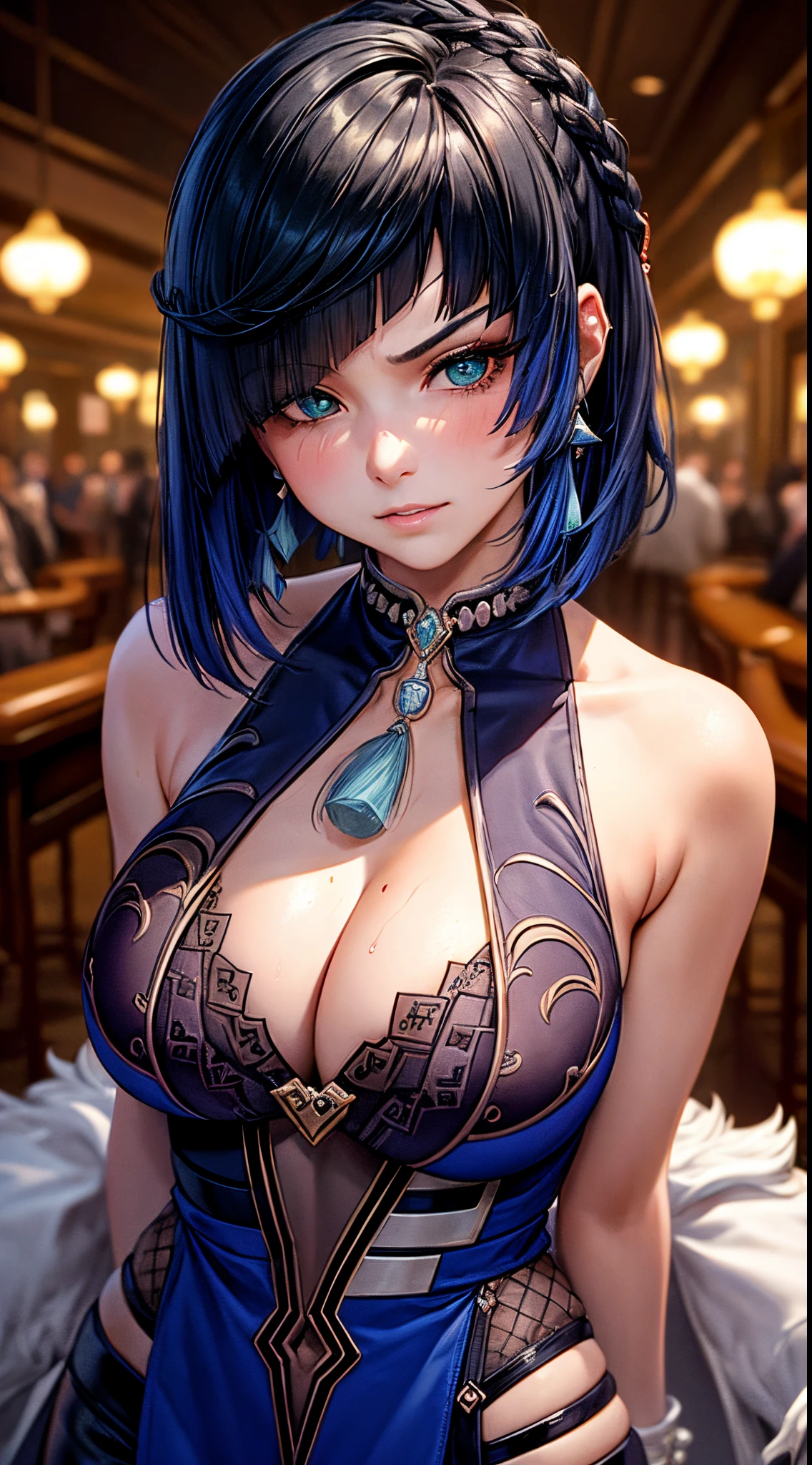 masterpiece:1.2, best quality), realistic, (real picture, intricate details, depth of field), (1girl, solo), make up, parted lips, highly-detailed, perfect face, (skindentation), glossy coral lips, blushing, Yelan from genshin impact,high-detailed hands ultra realistic 8k cg, masterpiece, ((ultra detailed background, delicate pattern, intricate detail)), sitting, formal, serious, (displeased:1.5, anrgy, upset, head tilt), cursed, dark fantasy, (hair over one eye), (((malevolent shrine, casino betting, night, casino table, dice))), looking at viewer, huge breasts, lace, lace trim, lace-trimmed legwear, smirk smile filled with lust, blush on face,