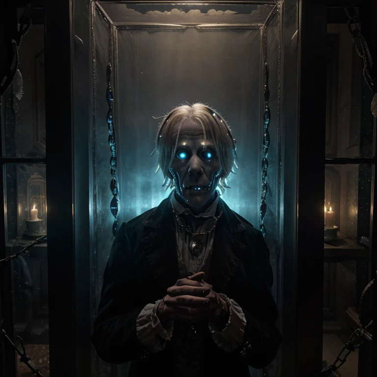Jacob Marley, Marley's ghost, ghost, ghostly, apparition, transparent, translucent, dead, corpse, gaunt, haunting, specter, spectre, spectral, Victorian era, Victorian London, London, gaslight, winter, Christmas, A Christmas Carol, Dickens, Dickensian, chains, lock boxes, money, ledgers,
