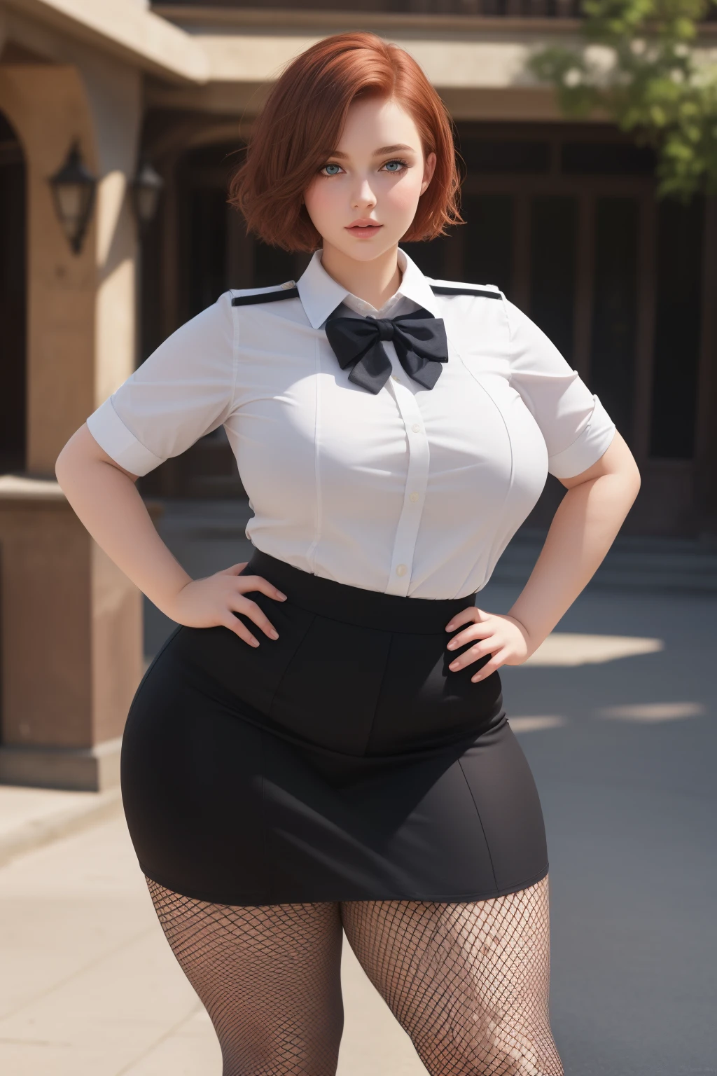 masterpiece, (photorealistic), (8k wallpaper) , (best quality), perfect quality, solo, (detailed eyes:0.9), girl, red short curvy hair, very young, face : (very young, European, very beautiful face, plump face, young). figure : (very full figure, curvy, chubby, very soft, very thick,  big breasts, sexy, sexy pose, fat thighs). clothes: (black short miniskirt, tight school uniform, ripped tights, fishnet ).