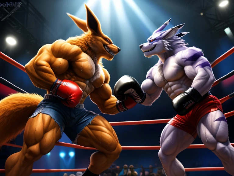 boxing ring, action, two anthro fighters, first fighter (Fox, Kurama, anthro, muscular, intense, smirk, red trunks, MMA gloves, thick chest, bodybuilder, confident, sweaty), second fighter (digimon, weregarurumon, anthro, torn denim shorts, black boxing gloves, muscular, thick chest, intense, grinning, bodybuilder, confident, sweaty), bare torso, correct anatomy, (photorealistic fur, detailed fur, epic, masterpiece:1.2), (detailed gym background),  best quality, highres,  dramatic light,wide dynamic range, hdr, low light