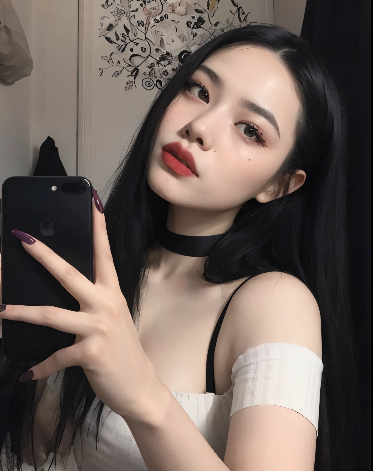 There's a woman taking a selfie with her cell phone, cruel korean goth girl, 🤤 girl portrait, ulzzang, pale goth beauty, goth girl aesthetic, 2 4 year old female model, Modelo de Instagram, beautiful asian girl, Asian girl, 18 years old, 1 7 - year - old goth girl, dilraba dilmurat, Chica china