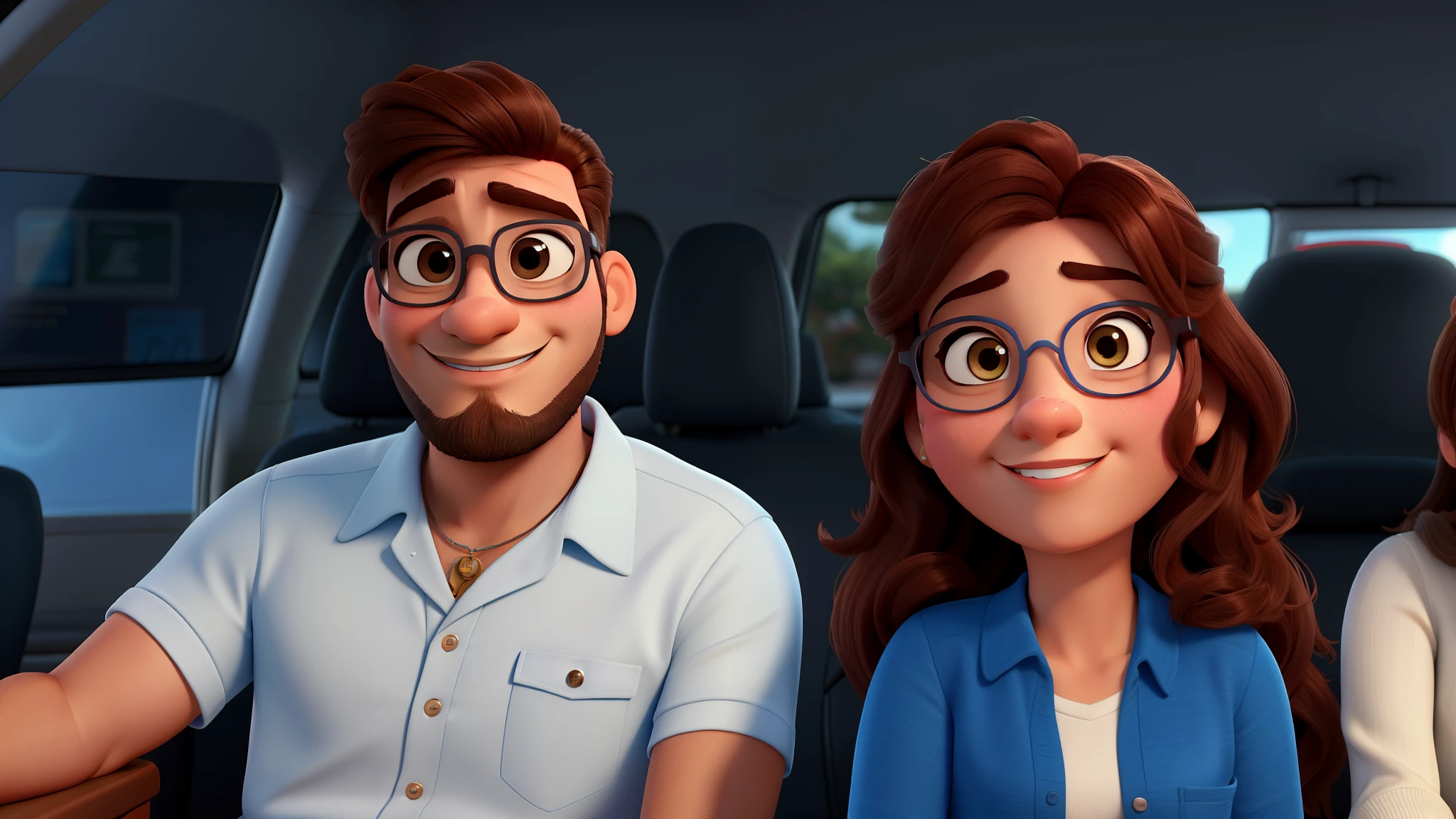 Casal estilo disney pixar melhor qualidade alta qualidade. Homem moreno  barba e mulher morena, bespectacled,  olhos castanhos, cabelos longos lisos, Looking at camera, sorrindo, alta qualidade, 4k, dentro de um carro