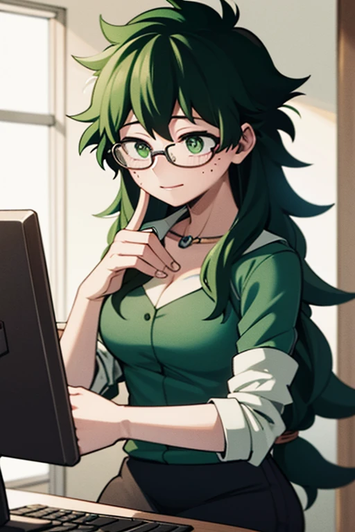 (Best quality), a woman Izuku midoriya with long curly green hair and green eyes wearing glasses looking at a computer