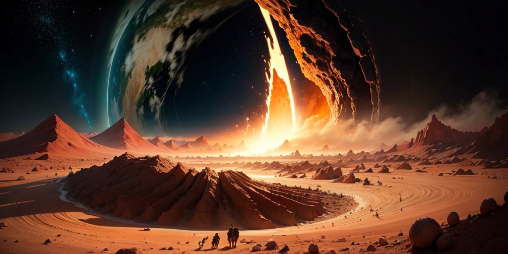 The end of the world seen from the planet Mars, humans on the planet Mars observe how the Earth is destroyed, high quality ultra detailed realistic photography