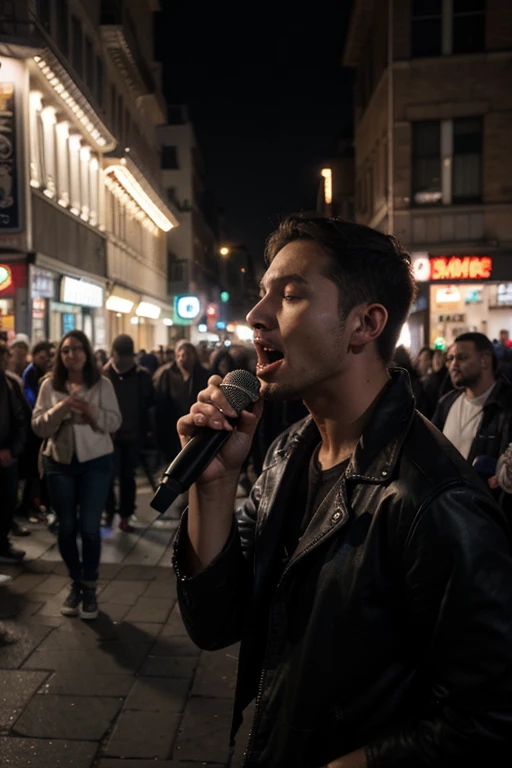 Fyler para um homem cantando em uma rua lotada de gente, Night contrast with cell phone lights with incredible realism change younger man and with Y2k style clothes