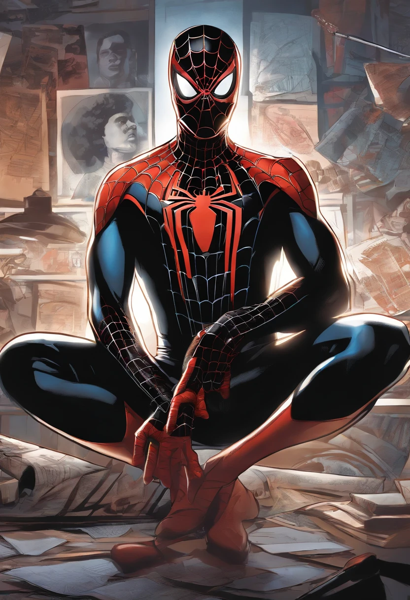 An image of Miles at his art desk, sketching a new Spider-Man costume design.,Marvel Comics,Miles Morales, the dynamic character from the “Spider-Man” universe, is a young, black athletic ager with a lean build, often seen in his distinctive black Spider-Man suit with red webbing and unique graffiti-style designs. He has a youthful, energetic face, often expressing a wide range of emotions from awe to determination, reflective of his age and the enormity of his responsibilities., male
