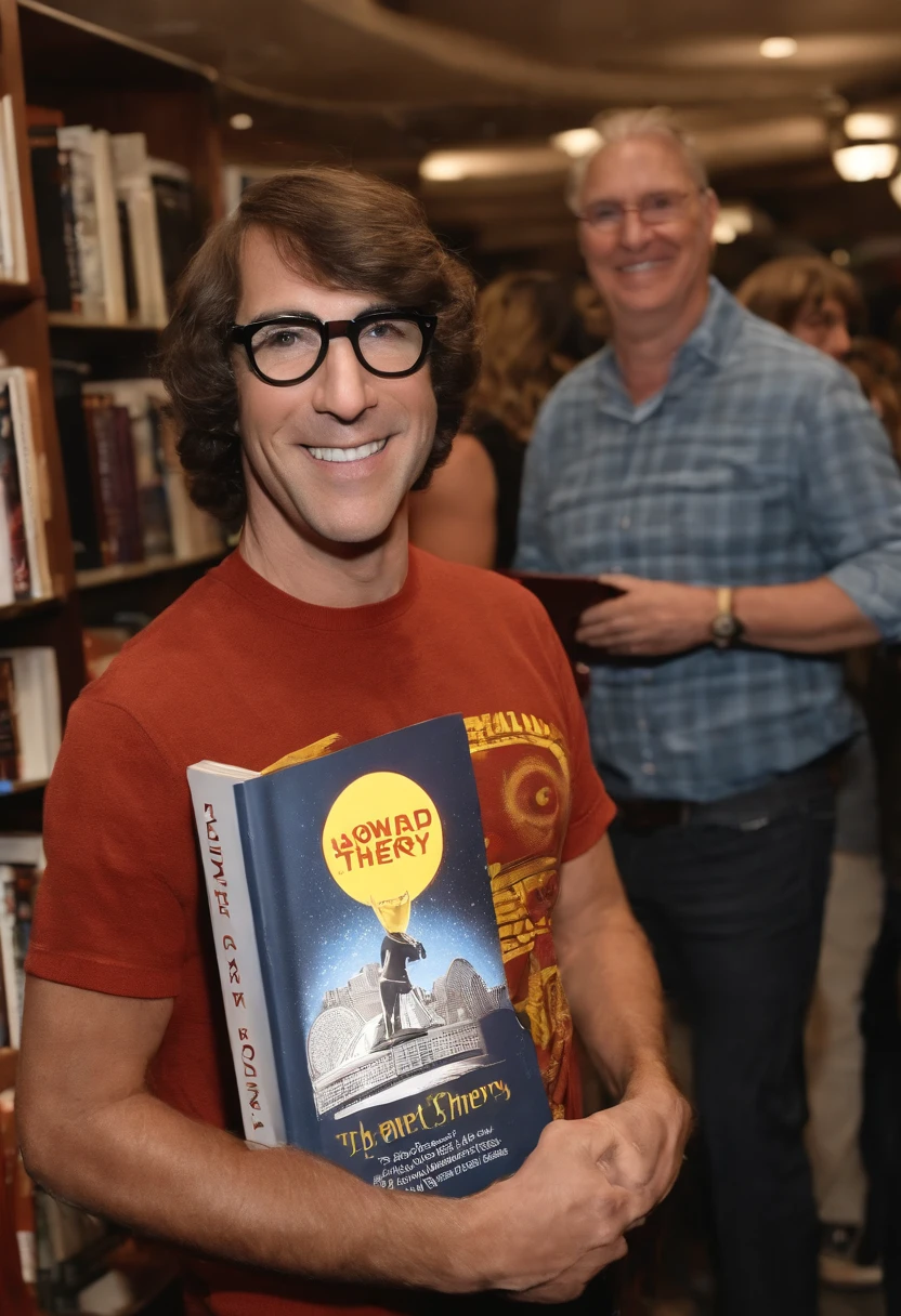 A photo of Howard at a science fiction book signing event, holding a signed copy of a rare sci-fi novel.,The Big Bang Theory,Woward is a man with a large nose, brown bowl cut, and wears turtlenecks, male