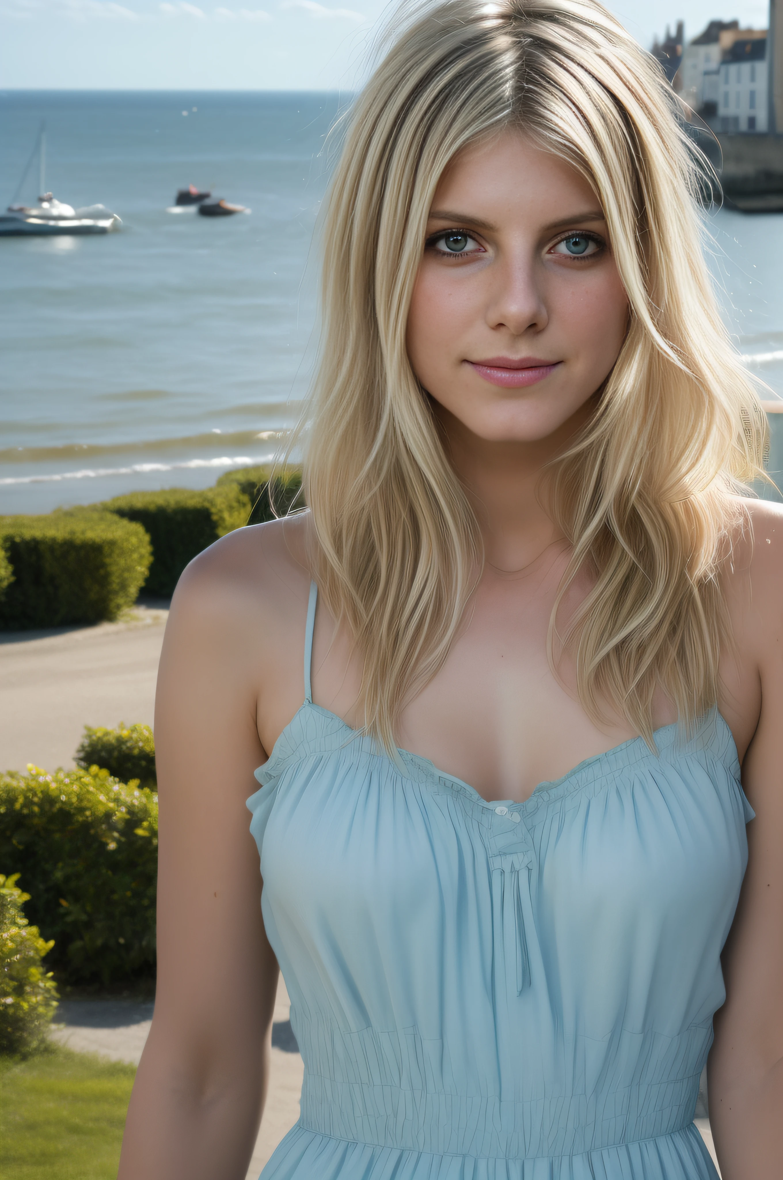 (1girl:1.1), Mélanie Laurent standing in broad daylight in the middle of a beautiful Britanny town, a French 24 years old actresss, (wearing summer dress:1.3), slender body, small breasts, medium long venitien blonde hair, blue eyes, slightly smiling, ("Je vais bien ne t'en fais pas" French movie by Philippe Lioret in 2006:1.3), cowboy shot, ultra high res.photorealistic:1.4, UHD, atlantic coast lighting, (beautiful city of Saint-Aubin-sur-Mer in the background:1.2)