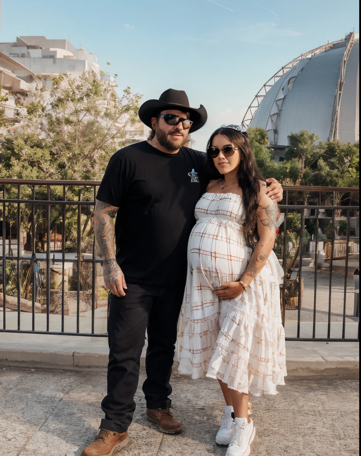 Disney Pixar, Couple standing , woman holding pregnant belly, wearing checkered strapless dress, man wearing black cowboy hat. Man wearing black clothes and brown boots, man has tattoos. Woman wearing white tennis shoes, woman has long dark hair, sunglasses on top of hair, quality, 8k, 3D image