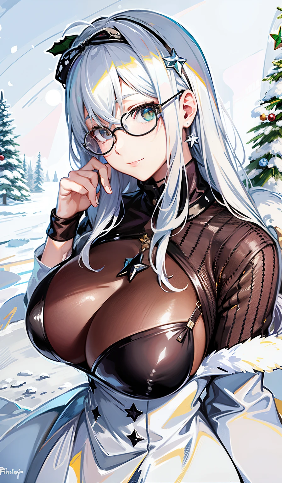 anime girl in glasses with a christmas tree in the background, fine details. girls frontline, from girls frontline, seductive anime girl, top rated on pixiv, at pixiv, perfect white haired girl, white-haired, white haired, oppai, | fine detail anime, thicc, artbook artwork, ecchi, with a large breasts, thick glasses