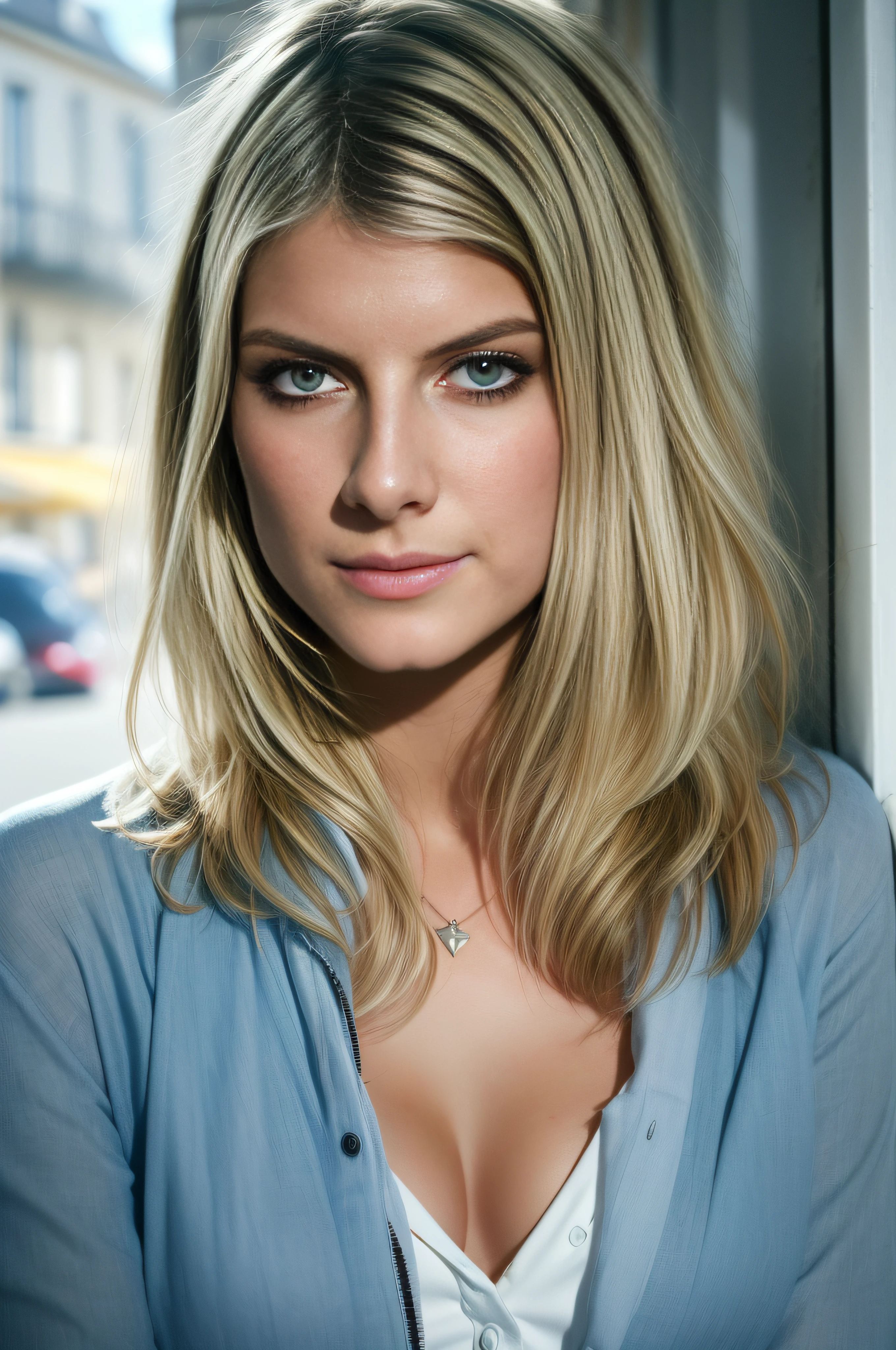 (1girl:1.1), Mélanie Laurent standing in broad daylight in the middle of a beautiful Britanny town, a French 24 years old actresss, (wearing summer clothes:1.3), slender body, small breasts, medium long venitien blonde hair, blue eyes, slightly smiling, ("Je vais bien ne t'en fais pas" French movie by Philippe Lioret in 2006:1.3), cowboy shot, ultra high res.photorealistic:1.4, UHD, atlantic coast lighting, (beautiful city of Saint-Aubin-sur-Mer in the background:1.2)