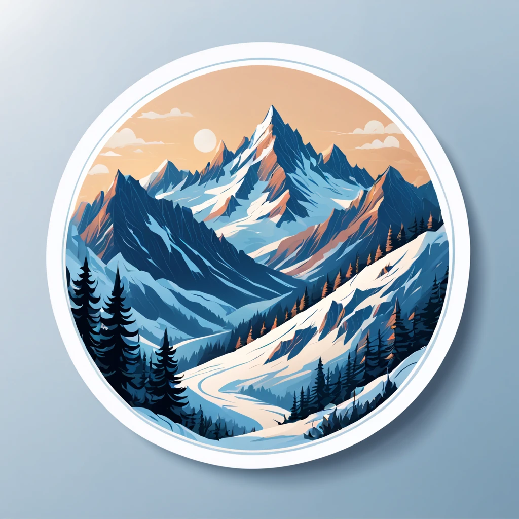 (Sticker),White background,(in circle), winter mountain with sport, ,Simple, Ultra detailed, Detailed drawing, vectorised, Silhouette, 8K, professional sticker design, Flat design, Vector lines, Sticker, Full-HD
