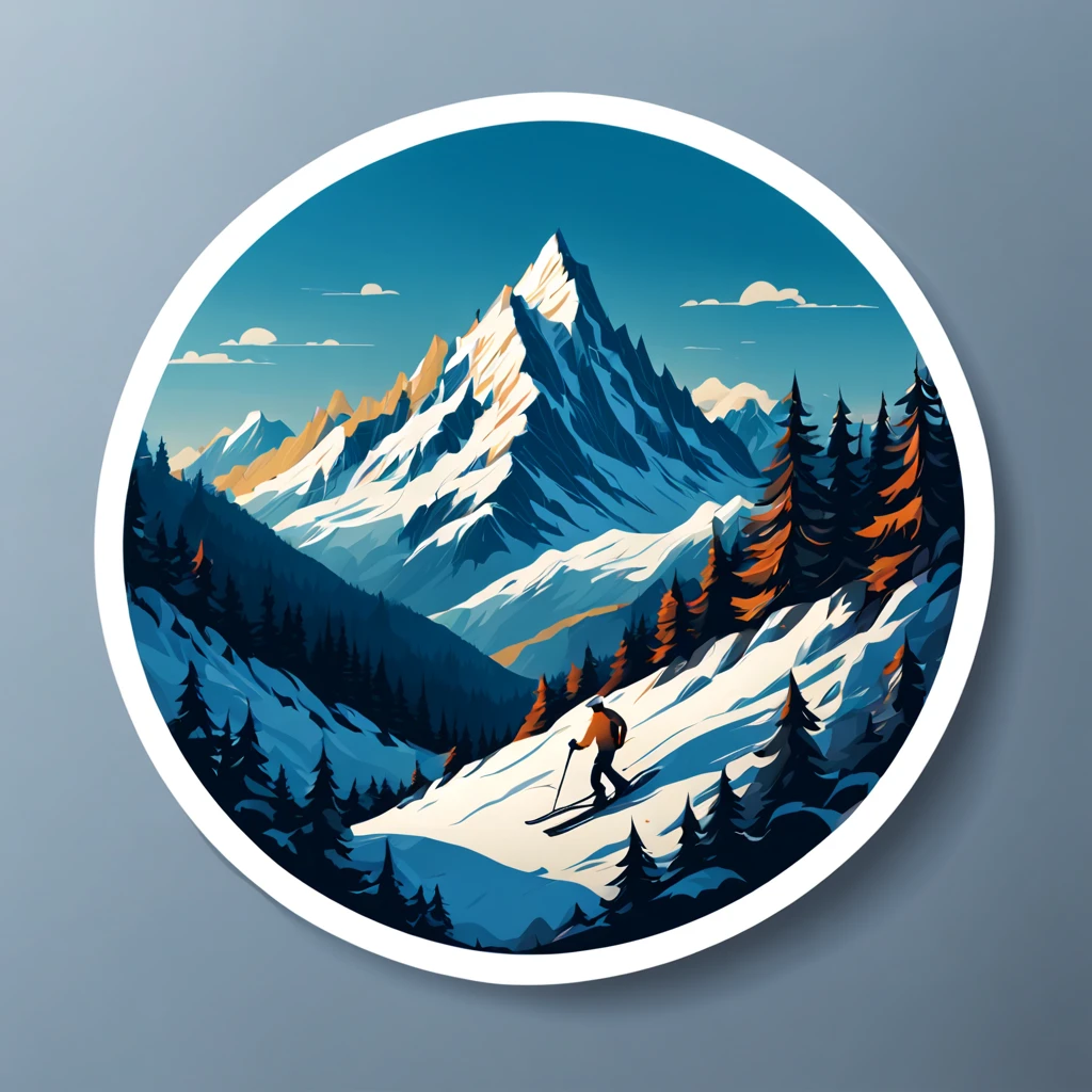 (Sticker),White background,(in circle), winter mountain with sport, ,Simple, Ultra detailed, Detailed drawing, vectorised, Silhouette, 8K, professional sticker design, Flat design, Vector lines, Sticker, Full-HD
