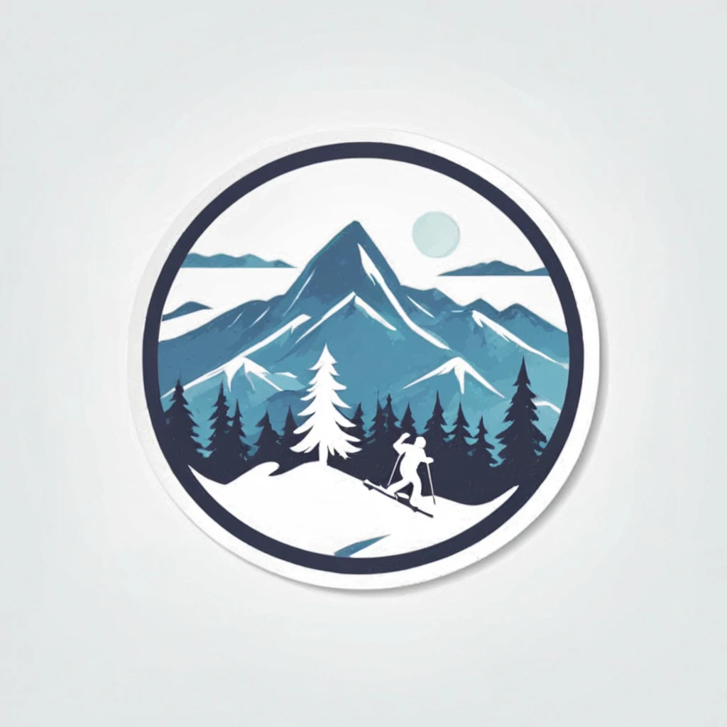 (Sticker),White background,(in circle), winter mountain with pine tree, ski fun, ,Simple, Ultra detailed, Detailed drawing, vectorised, Silhouette, 8K, professional sticker design, Flat design, Vector lines, Sticker, Full-HD