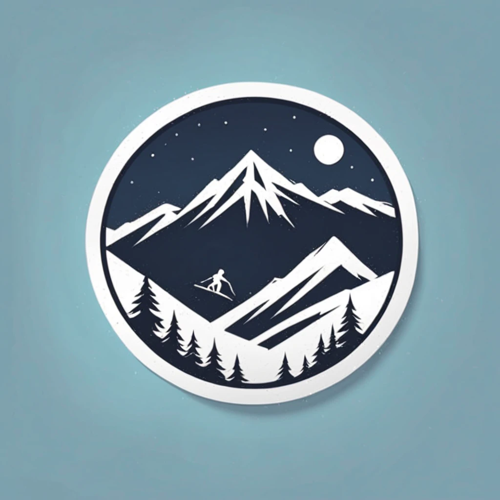 (Sticker),White background,(in circle), winter mountain with pine tree, ski fun, ,Simple, Ultra detailed, Detailed drawing, vectorised, Silhouette, 8K, professional sticker design, Flat design, Vector lines, Sticker, Full-HD